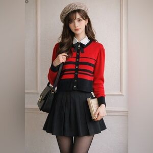 TALBOTS Wool Blend Cropped Button Front  Long Sleeve Cardigan Red & Black Sz M